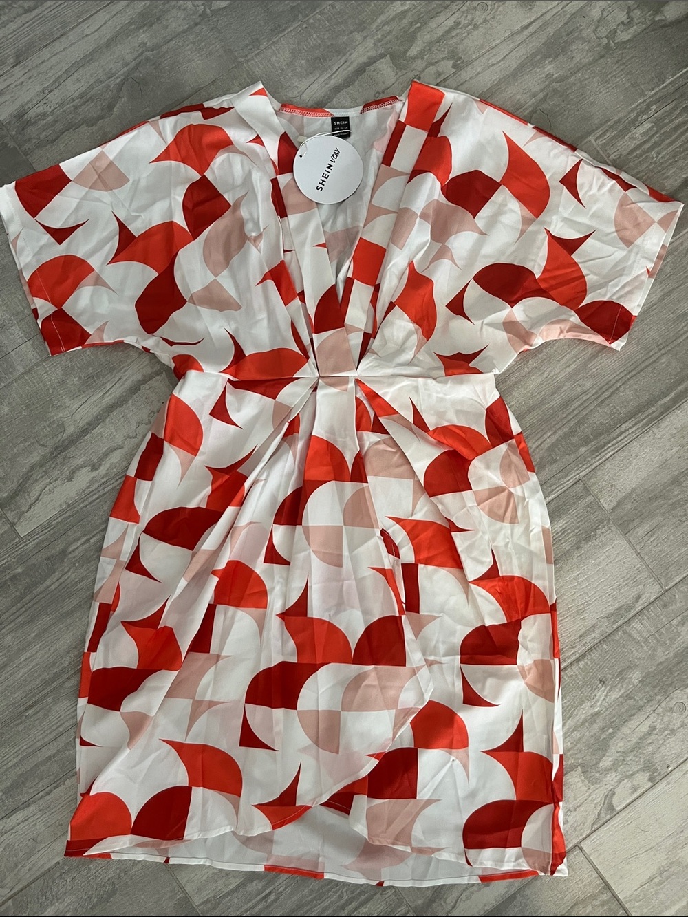 SHEIN Red, White & Pink Abstract Geometric V-Neck Dress